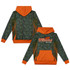 A youth active hoodie in a camouflage pattern with orange accents and a logo, featuring a front pocket and hood.
