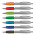 A collection of plastic pens with silver barrels and coloured grips in orange, red, green, teal, blue, and dark grey.