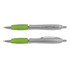 A silver barrel pen with a green grip and silver accents, featuring a clip and a logo.