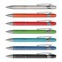 A display of metal pens in silver, red, green, blue, and black, featuring a logo and a sleek design.