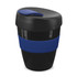 A drink bottle featuring a black cup with a blue silicone band and a matching lid. It has a logo on the side.