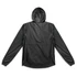 A unisex windbreaker in black with a hood and long sleeves, featuring a logo on the back.