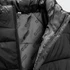 A black unisex puffer vest with a smooth lining featuring a logo. The inner material is visibly quilted.