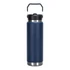 A drink bottle in navy blue with a stainless steel base and a black lid, featuring a handle for easy carrying.