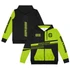 A black and neon green zipped hoodie featuring a logo and bold graphic designs on the sleeves.