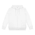 A white zipped hoodie with a hood, featuring front pockets and a logo on the label.