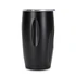 A drink bottle with a sleek black design and a silver lid, featuring an ergonomic shape. Includes branding.