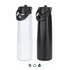 A drink bottle featuring a white and a black finish, each with a secure lid and carrying handle.