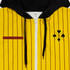 A yellow and black zipped hoodie featuring vertical stripes, a logo, and a contrasting red stripe.