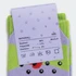 A pair of colourful knitted socks in green and purple, featuring a tag with material details and care instructions.