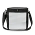 A black cooler bag with a zippered top, a shoulder strap, and a side mesh pocket. It features a plain white front panel.