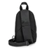 A black crossbody bag featuring a textured mesh back and an adjustable strap. It has a logo on the surface.