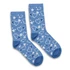 A pair of blue kids' socks featuring heart patterns in lighter shades of blue and white. The socks have a logo.