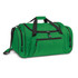 A green duffle bag with black zippers and straps, featuring multiple compartments and a shoulder strap.