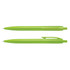 A set of bright green plastic pens with a sleek design, featuring a clip and a smooth writing tip.