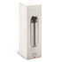 A drink bottle in a silver metallic finish, featuring a black cap, displayed in a branded box.