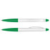 A stylus pen with a white barrel and green accents, featuring a sleek design and a cap.