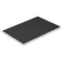 A large black notebook with a plain cover and white edges, featuring a logo on the front.