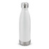 A drink bottle in white with a stainless steel base and cap, featuring a logo.