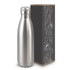 A drink bottle in silver stainless steel, placed next to a decorative box featuring a celestial design.