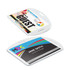 A clear plastic ID holder featuring a colourful front and a black and white back, with space for a name and title.