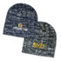Two knitted beanies in dark blue and grey, each featuring a logo or branding on the front.
