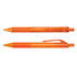 An orange plastic pen displayed from two angles, featuring a transparent barrel and a clip.