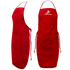 A red bib apron with a logo, featuring a halter neck and adjustable ties on the side.