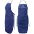 A navy blue bib apron featuring a logo, with ties at the waist and a neck strap for adjustment.