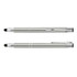 A metal stylus pen in silver and black, featuring a sleek design and a clip, along with a logo.