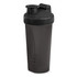 A drink bottle with a black body and lid, featuring a shake-resistant design and a logo.
