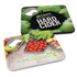 A drink bottle opener in green and white, featuring fruit designs and a logo on either side.