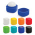 A collection of colourful lip balm containers, including white, blue, yellow, orange, turquoise, green, and black options.