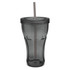 A drink tumbler in a smoky grey colour with a lid and straw, featuring a logo on the front.