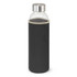A drink bottle in a black neoprene sleeve with a stainless steel lid. The design is sleek and modern.