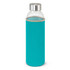 A drink bottle with a clear glass body and a stainless steel lid, encased in a vibrant turquoise neoprene sleeve.