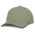 A cap with a soft khaki fabric and black trim, designed in a classic style.