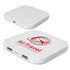 A white wireless charging hub featuring ports and a logo on one side. The design is sleek and minimalist.