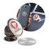 A metallic magnetic phone holder with a shiny base and a circular top, designed for car use, alongside a smartphone.