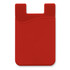 A red silicone phone wallet with a curved design and a slot for cards, featuring a logo.