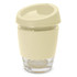 A drink bottle featuring a cream-coloured lid and a transparent glass base, with a logo on the side.