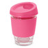 A drink bottle with a pink silicone lid and sleeve, featuring a glass body. It has a smooth, modern design.