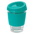 A drink bottle featuring a clear glass base, teal silicone sleeve, and matching lid. It has a logo on the lid.
