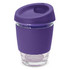A drink bottle with a purple silicone sleeve and lid, featuring a clear glass inner section.