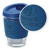 A drink bottle in blue with a silicone sleeve and lid, featuring a logo on the sleeve. The bottle is glass.