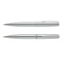 A set of two silver metal pens with smooth finishes and clips, featuring branding on the barrel.