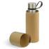 A drink bottle in stainless steel with a silver cap, inside a cylindrical cardboard packaging.