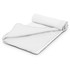 A white cooling towel rolled partially open, featuring a textured surface and a stitched edge. It includes a logo.
