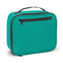 A teal lunch cooler bag with a front zip pocket and a sturdy handle for easy carrying. It features a simple design and a logo.