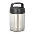 A drink bottle with a stainless steel body and black plastic lid, featuring a carrying handle. It has a logo on the front.